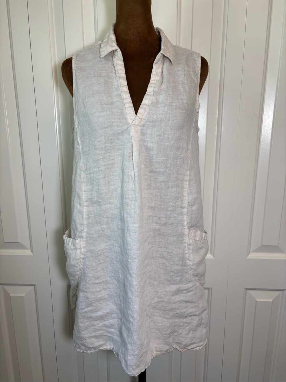 Sigrid Olsen Off-White 100% Linen Sleeveless Tunic Top Mini Dress Pockets M EUC - Picture 2 of 10